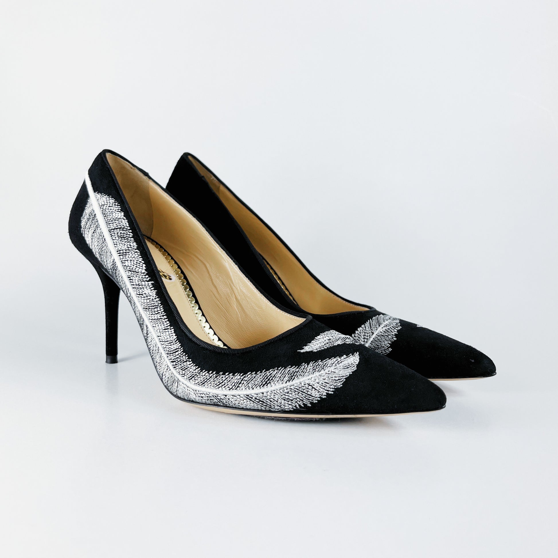 Charlotte Olympia Emilia Feather-Embroidered Suede Pumps (EU 38)