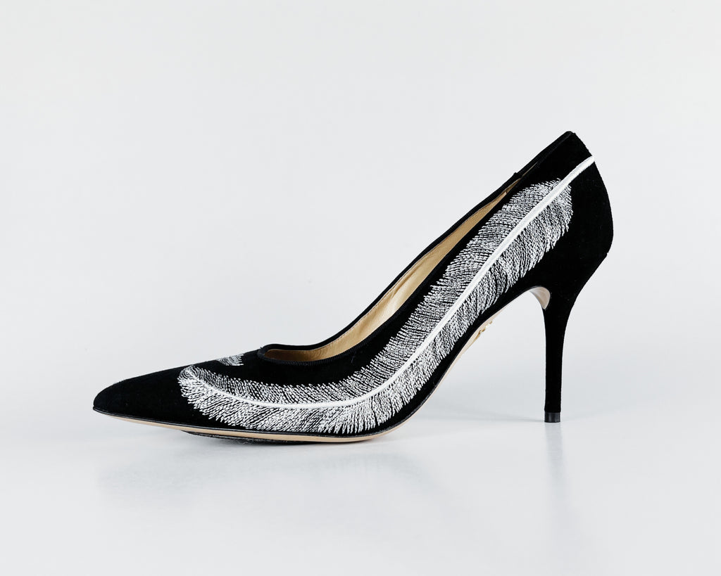 Charlotte Olympia Emilia Feather-Embroidered Suede Pumps (EU 38)