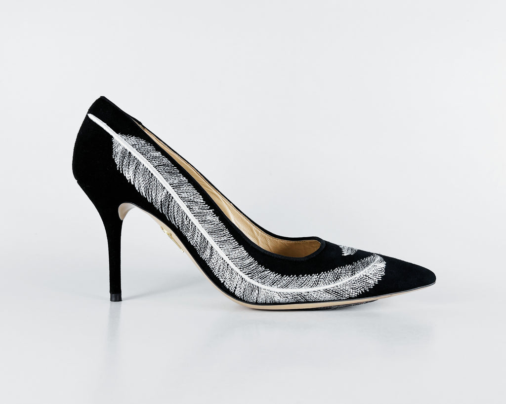 Charlotte Olympia Emilia Feather-Embroidered Suede Pumps (EU 38)