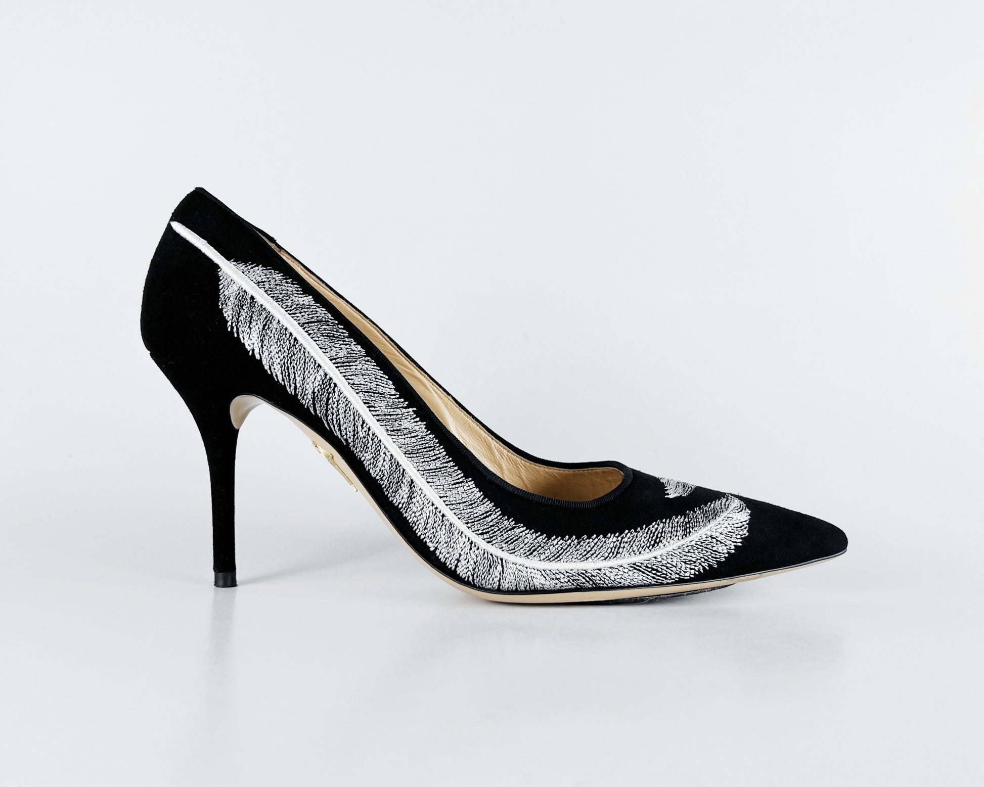 Charlotte Olympia Emilia Feather-Embroidered Suede Pumps (EU 38)