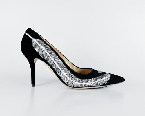 Charlotte Olympia Emilia Feather-Embroidered Suede Pumps (EU 38)