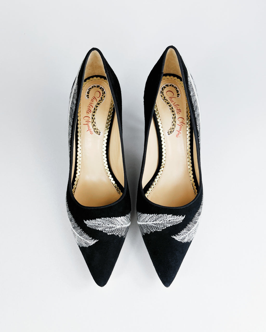 Charlotte Olympia Emilia Feather-Embroidered Suede Pumps (EU 38)