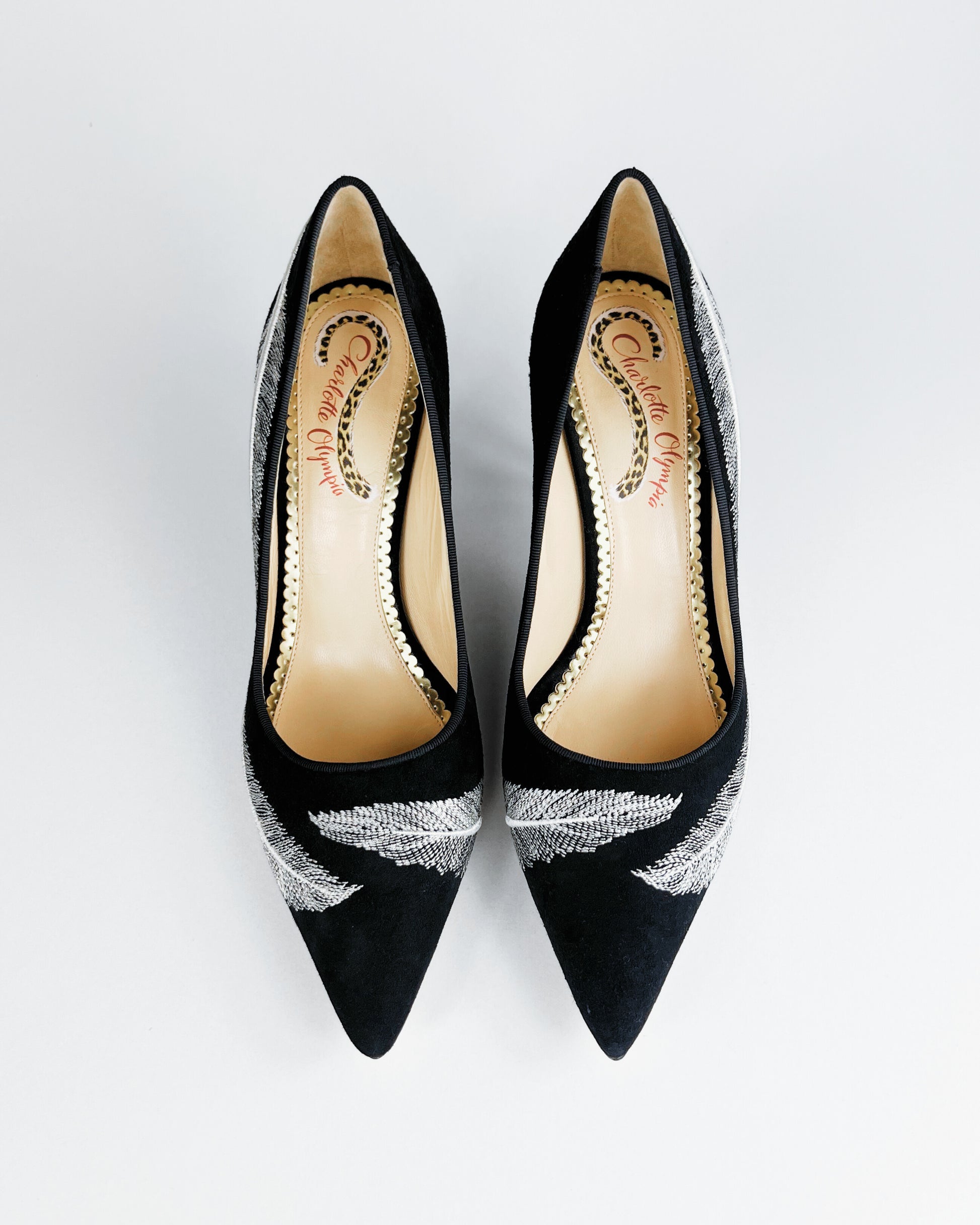Charlotte Olympia Emilia Feather-Embroidered Suede Pumps (EU 38)