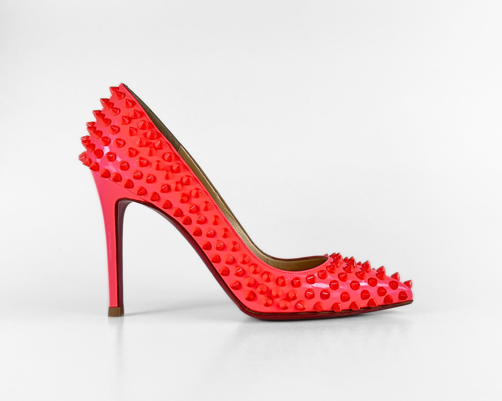 Christian Louboutin Pigalle Spikes Patent Fluorescent Rose Pumps (EU 37.5)
