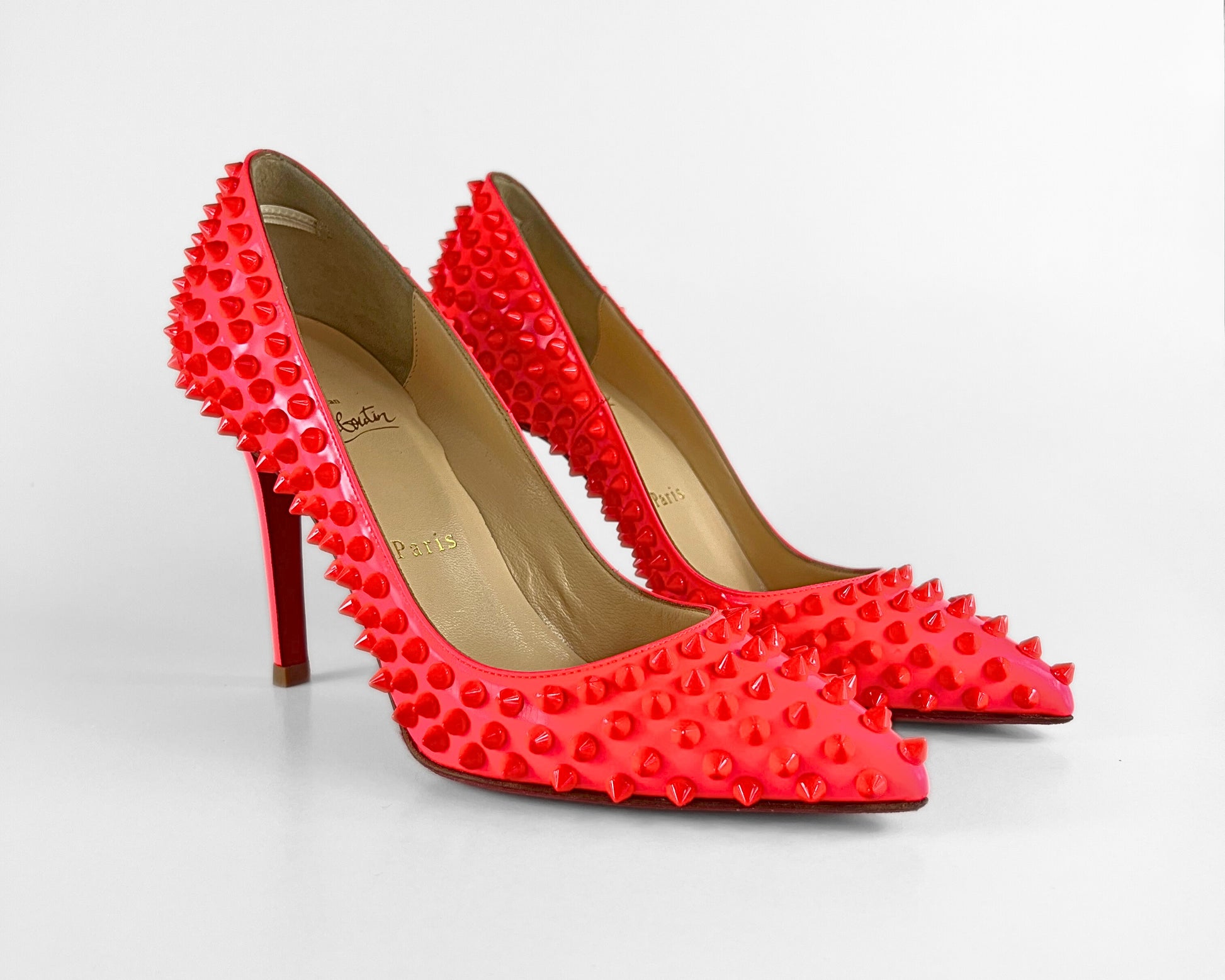 Christian Louboutin Pigalle Spikes Patent Fluorescent Rose Pumps (EU 37.5)