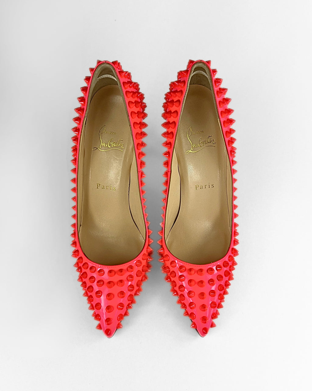 Christian Louboutin Pigalle Spikes Patent Fluorescent Rose Pumps (EU 37.5)