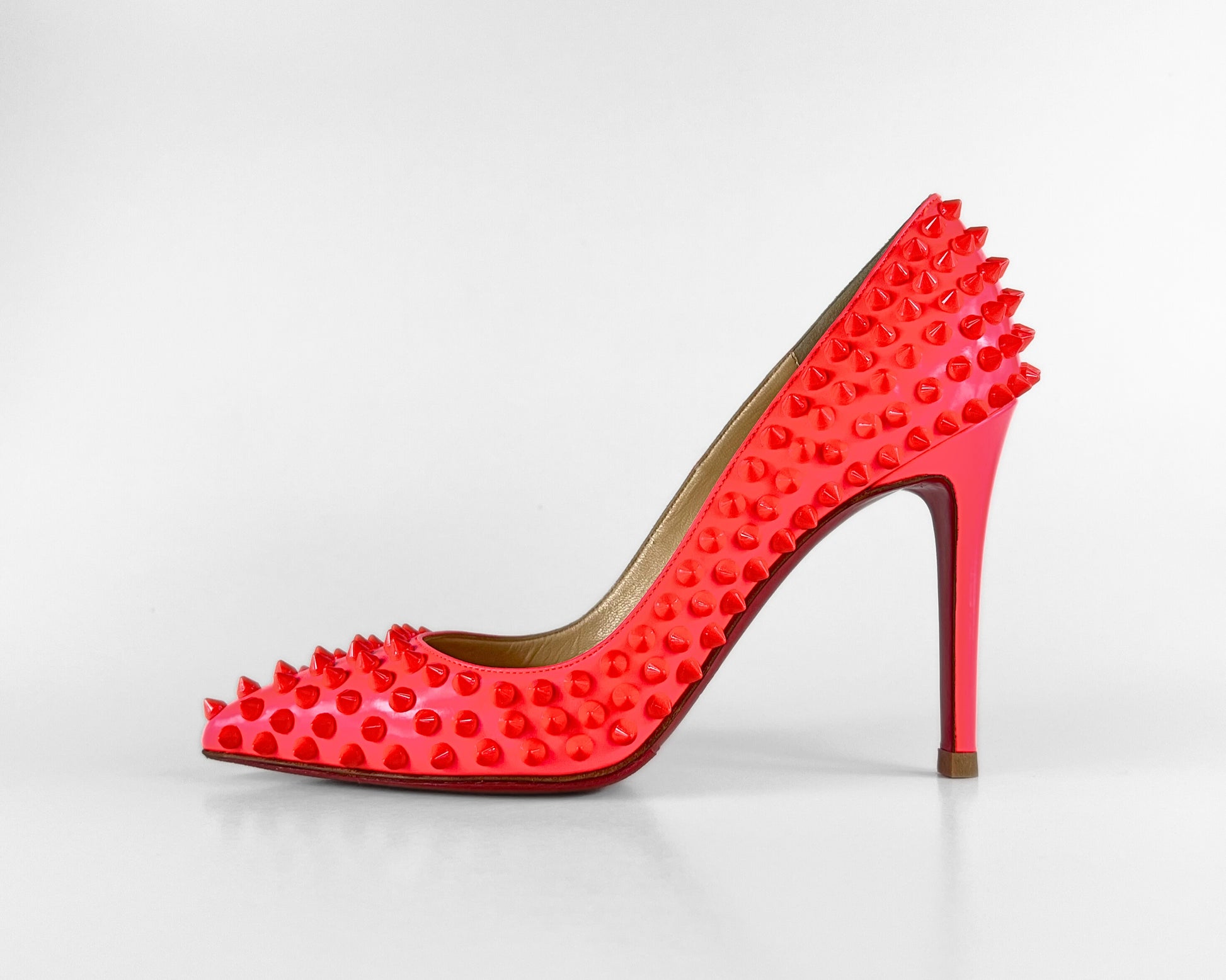 Christian Louboutin Pigalle Spikes Patent Fluorescent Rose Pumps (EU 37.5)
