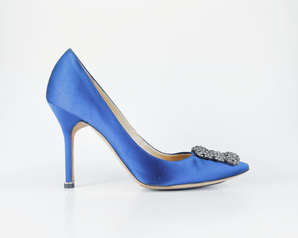 Manolo Blahnik Hangisi Blue Satin Jewel Buckle Pumps (EU 37.5)