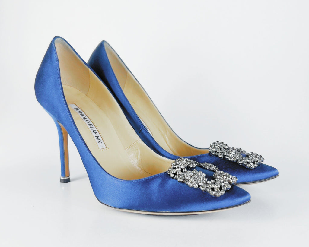 Manolo Blahnik Hangisi Blue Satin Jewel Buckle Pumps (EU 37.5)