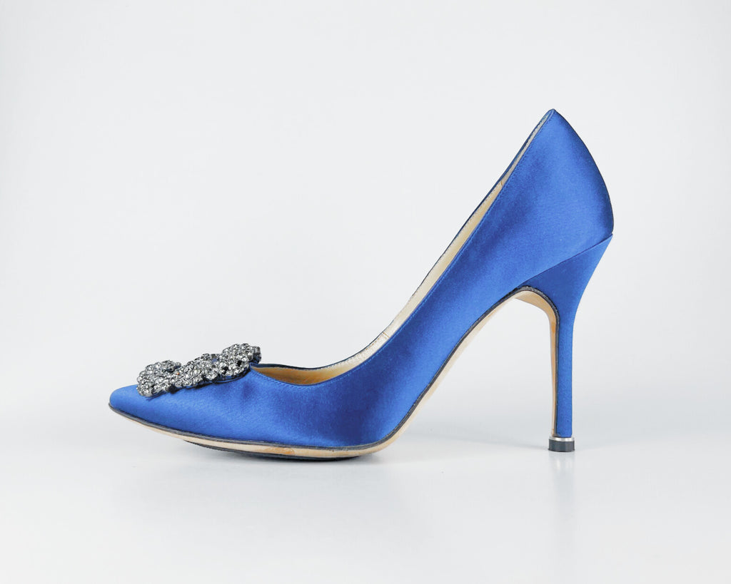 Manolo Blahnik Hangisi Blue Satin Jewel Buckle Pumps (EU 37.5)