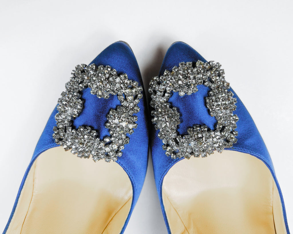 Manolo Blahnik Hangisi Blue Satin Jewel Buckle Pumps (EU 37.5)